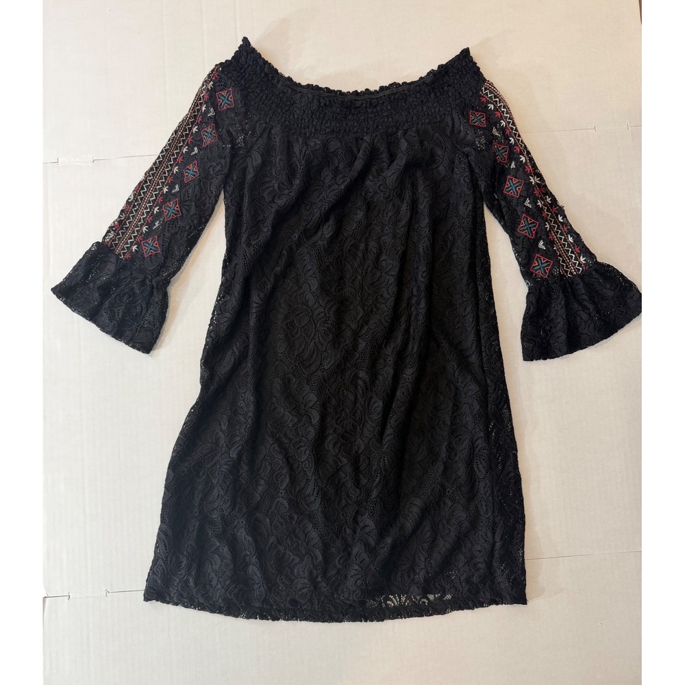 Bell Sleeve Black Lace Embroidered Boho Mini Dress Small Cottagecore